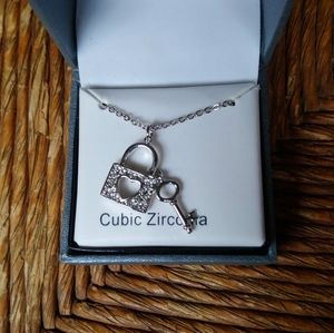 Cubic zirconia lock and key necklace